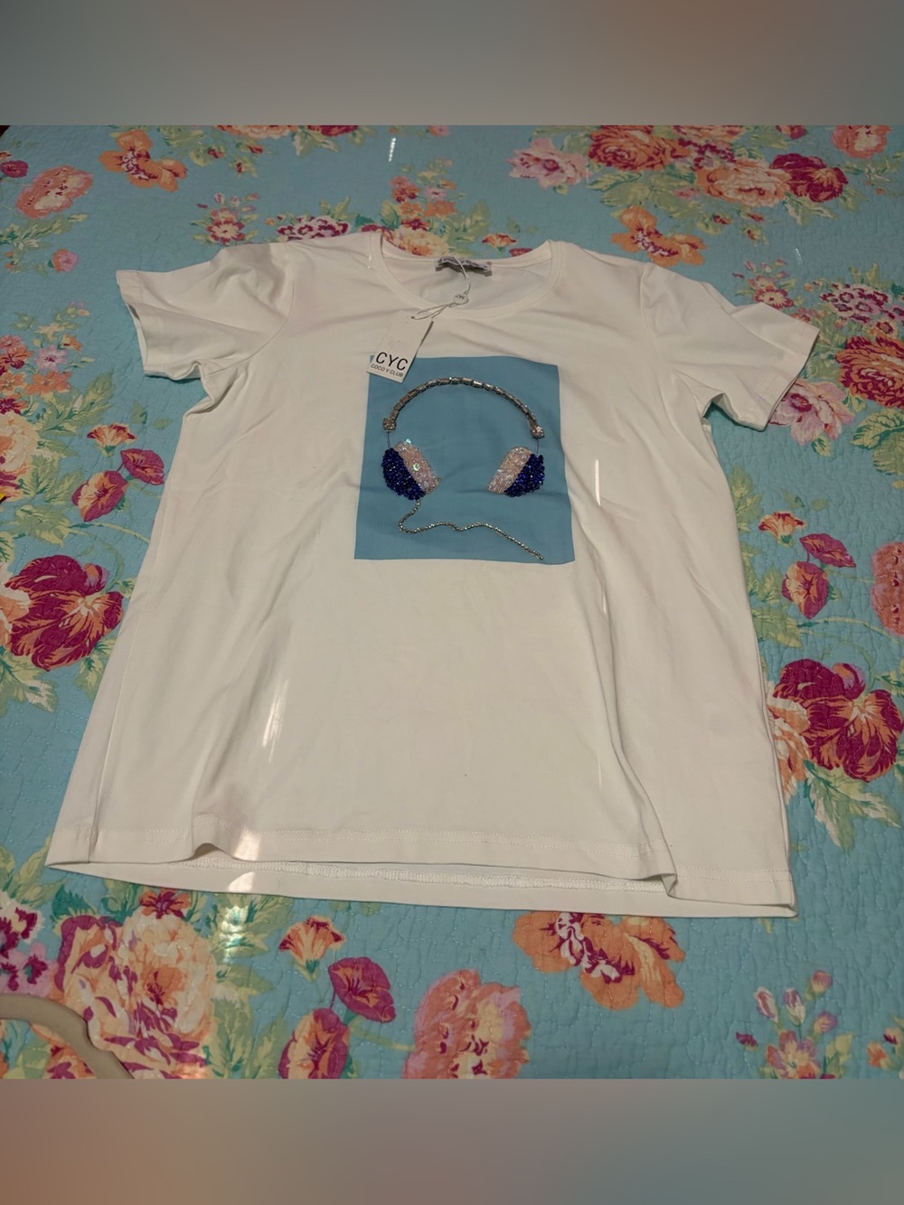 COCO Y CLUB Blue Headphone Jeweled Graphic Tee